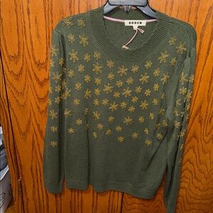 Boden Olive Green Sweater with Gold Beaded Florals